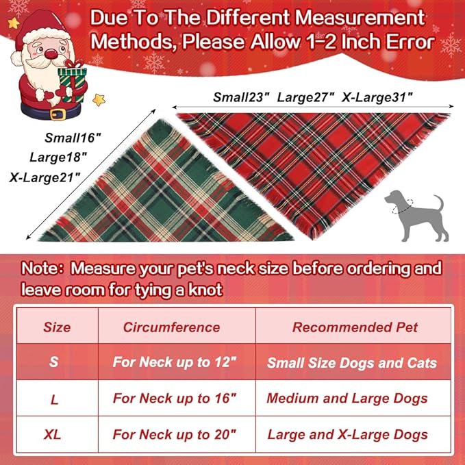 Vivifying Dog Christmas Bandana with Tassels Edges, 2 Pack Classic Plaid Triangle Pet Apparel & Accessories, Funny Holiday Dog Scarf Costume for Photo Prop, and Party Decor (Small, Red&Green)