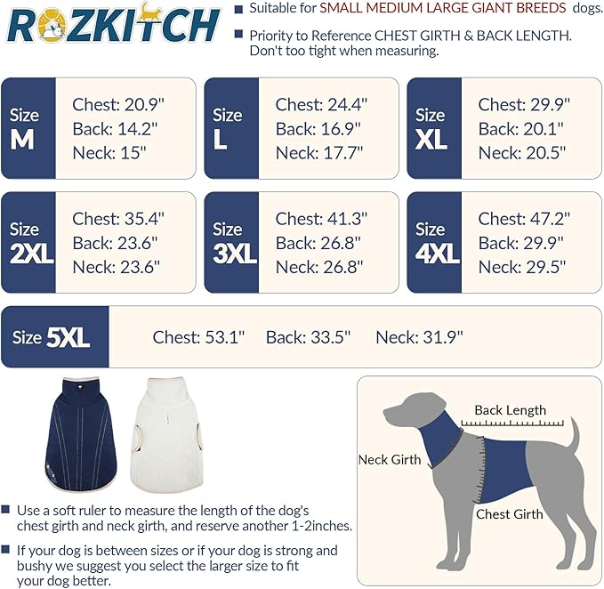 ROZKITCH Reversible Dog Coats for Large Dogs, Windproof Turtleneck Dog Vest Fleece Sherpa Sweater with Embroidery, Adjustable Double-Sided Plush Sweatshirt for Medium Large Breeds DarkBlue 2XL