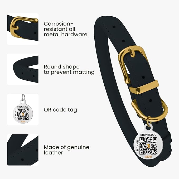 BronzeDog Rolled Leather Dog Collar with QR ID Tag, Adjustable Soft Round Collars for Small Medium Large Dogs Puppy (16" - 19" Neck Size, Dark Blue)