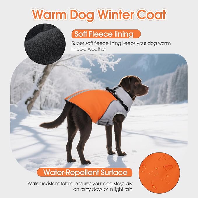 DENTRUN Dog Coat with Harness Built in, Easy On/Off Zipper Closure Winter Dog Vest, Fleece Lined Warm Jacket with Reflective for Labrador, Orange, L