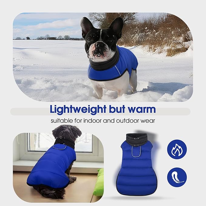 IDOMIK Dog Winter Coat, Warm Waterproof Dog Puffer Jacket with Harness Hole, Adjustable Reflective Snow Jacket Vest with Turtleneck, Pet Cold Weather Coats for Large Dogs,Blue,L