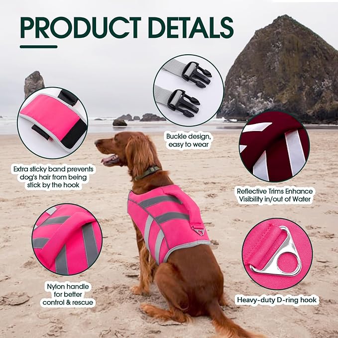 Kuoser Small Dog Life Jacket High Flotation, Reflective Puppy Water Vest for Swimming Boating, Adjustable Doggie Life Preserver Rescue Handle for Summer, Pink S