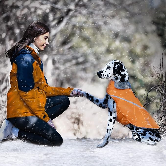 VIVAGLORY Snowrap Dog Coat, Jacket with Harness Hole & Velcro Closure, Dog Coat for Winter & Cold Weather, Fluffy Warm Fleece Lined Reflective Water Resistant for Puppy, L, Orange