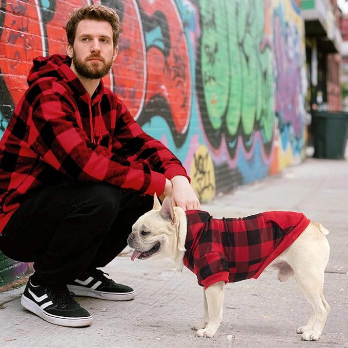 KOOLTAIL Plaid Dog Hoodie Pet Clothes Sweater with Hat and Pocket for Small Medium Large Size Dogs, Soft Winter Warm Dog Cold Weather Coat, Fleece Fall Dog Hooded Sweatshirt for Puppy Cats, Red SM