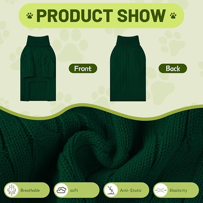 Small Dog Thermal Pullover Sweater, Classic Turtleneck Cable Knitwear Dog Clothes for Cold Weather Warm Pet Clothes for Chihuahua, Bulldog, Dachshund, Pug Green XX-Large