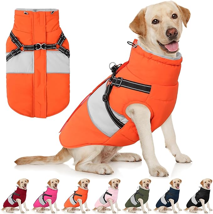 AOFITEE Dog Coat Warm Dog Winter Coat, Waterproof Dogs Jacket with Harness, Dogs Snow Jacket Snowsuit with Zipper & Furry Collar, Reflective Windproof Pet Sweater for Cold Weather, French Bulldog, L