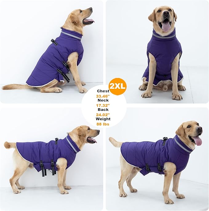 Dog Coat with Harness Built-in, Waterproof Reflective Fleece Lined - Warm Windproof Winter Jacket with Back Zipper, Cold Weather Snow Dog Coats - Purple - L