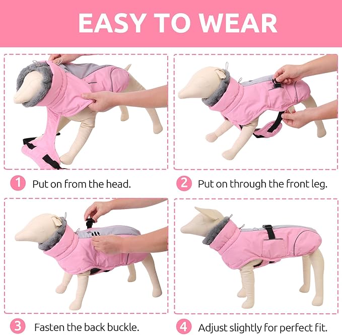 Queenmore Dog Winter Jacket, Fleece Lining Doggie Vests for Winter, Dog Coats for Medium Dogs Waterproof, Puppy Snowsuit with Leash Hole, Pink, M