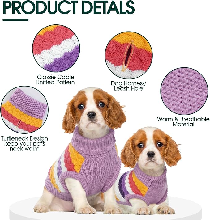 Kuoser Dog Sweater, Pet Cable Knitted Pullover Puppy Warm Clothes, Doggy Turtleneck Classic Knitwear Soft Thickening Doggie Outfit, Cold Weather Thermal Wear for Large Size Dogs, Purple 2XL