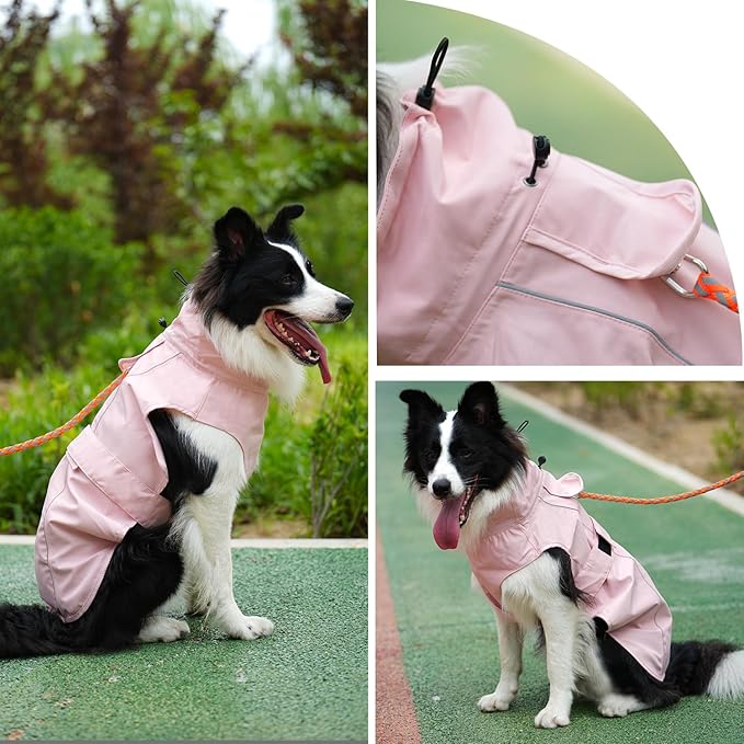 Waterproof Dog Raincoat with Reflective Strip, Adjustable Breathable Rain Coat Jacket with Leash Hole for Dogs (Pink, X-Large)