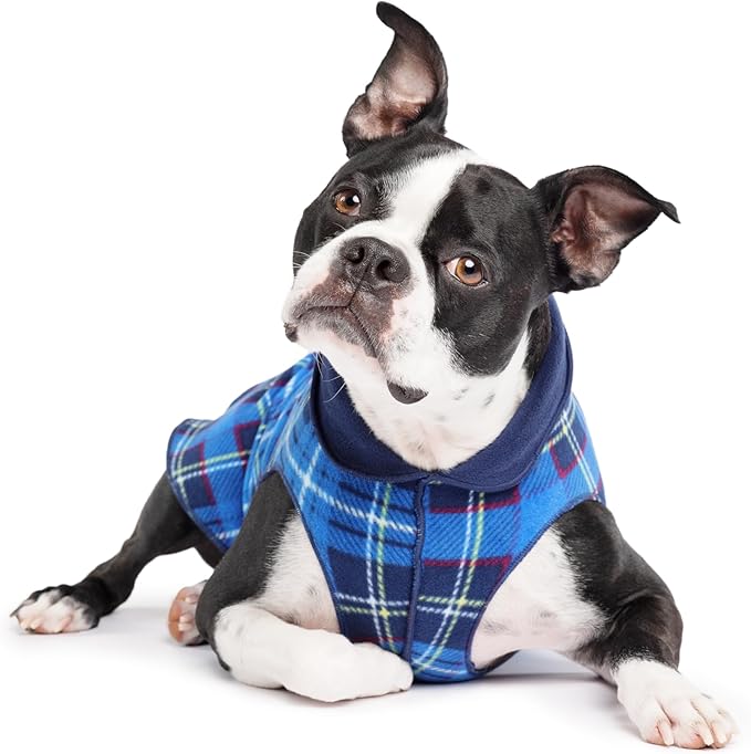 Goldpaw Duluth Double Fleece Dog Sweater Vest for Small Dogs - Soft, Stretchy Dog Fleece - Warm Pet Jacket for Fall and Winter - Premium Pet Outerwear - Machine Washable - Blue Plaid/Navy - Size 6