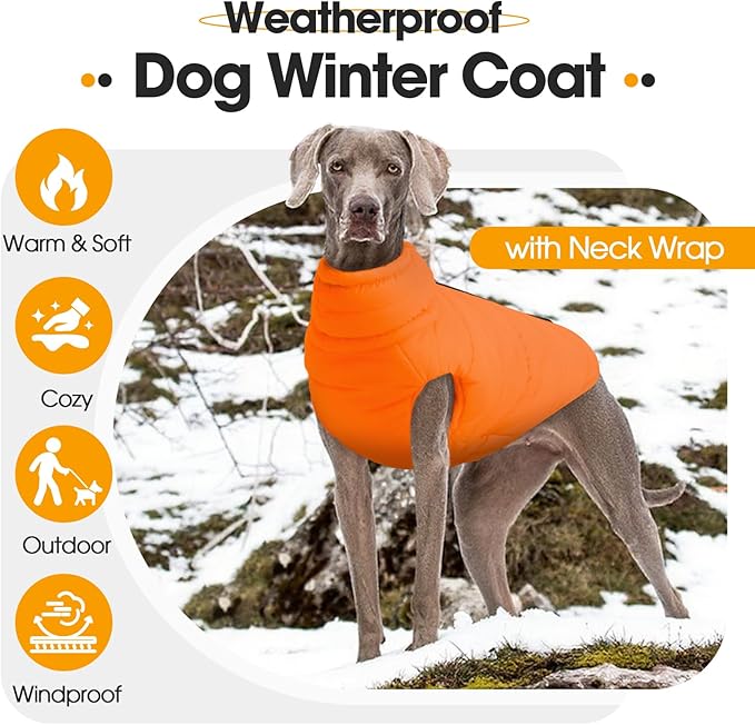 Dog Coat for Large Dogs, Dogs Snow Jacket with Back Zipper, Winter Warm Dog Puffer Vest with Detachable Neck Wrap, Winter Pet Clothes Elastic Band on Chest for Springer, Dalmatian, Orange L
