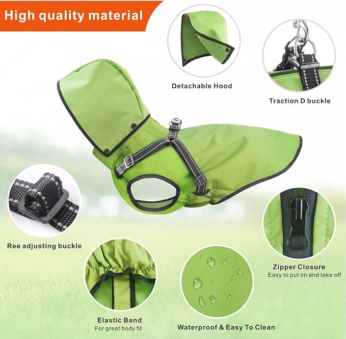 Mosucoirl Dog Raincoat Waterproof Dog Hoodie Reflective Dog Raincoat Hooded Adjustable Rain Jacket for Small Medium Large Dogs Puppies (Green, S)