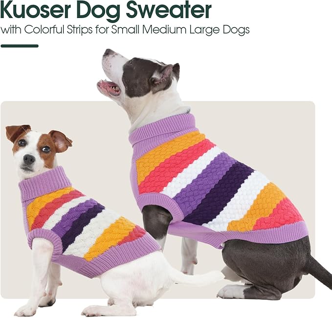 Kuoser Dog Sweater, Large Sweaters for Dog Girls Boys Christmas Thanksgiving Outfit, Thick Fall Winter Cable Knitwear, Pet Sweatshirt Warm Clothes Turtleneck Pullover, Purple L