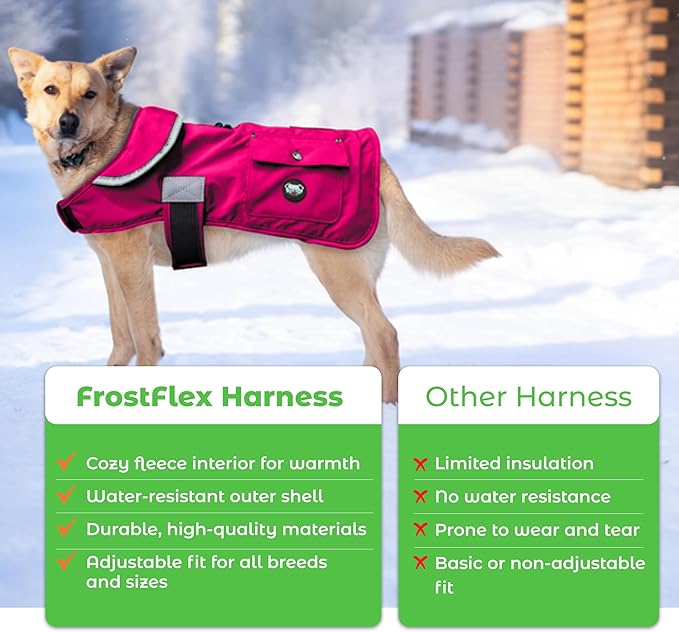 Joyride Harness FrostFlex Dog Winter Jacket - Fleece Lined & Water-Resistant - Snowsuit with Pockets for Treats & Poop Bags - Durable Cold Weather Dog Coat - Pink Berry-XS