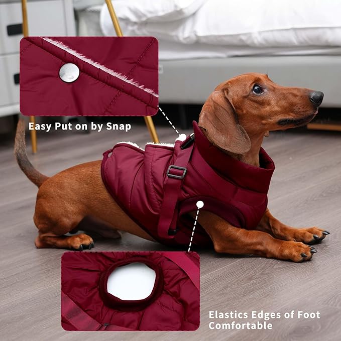 Dog Jacket with Harness,Fleece Lined Warm Puppy Coat for Winter,Soft Windproof Small Dog Vest,Red S