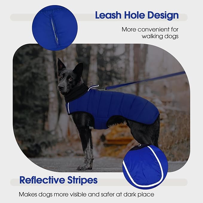 IDOMIK Dog Winter Coat, Warm Waterproof Dog Puffer Jacket with Harness Hole, Adjustable Reflective Snow Jacket Vest with Turtleneck, Pet Cold Weather Coats for Large Dogs,Blue,3XL