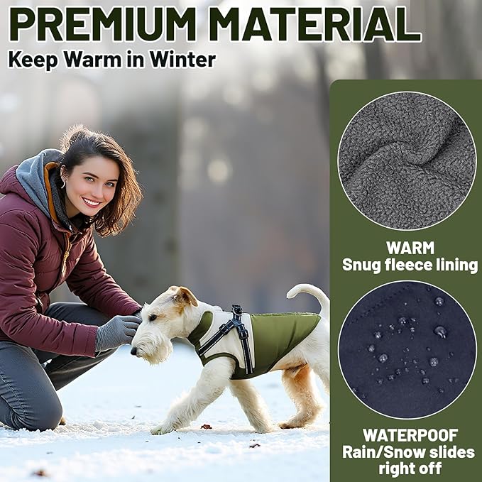 Dog Winter Coat for Small & Medium Dogs (Up to 31lb), Waterproof Dog Coat with Harness, Puppies Windproof Puppy Puffer Jacket, Snowsuit for Dachshund,Frenchie, Corgi (Classic Green, 2XLarge)