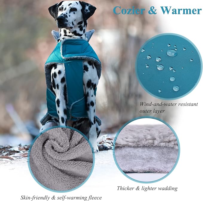 VIVAGLORY Frostfit Dog Coat, Dog Jacket for Winter & Cold Weather, Warm Fluffy Fleece Lined Water Resistant Reflective for Puppy, Coat with Velcro Fastening & Leash Hole, M, Turquoise