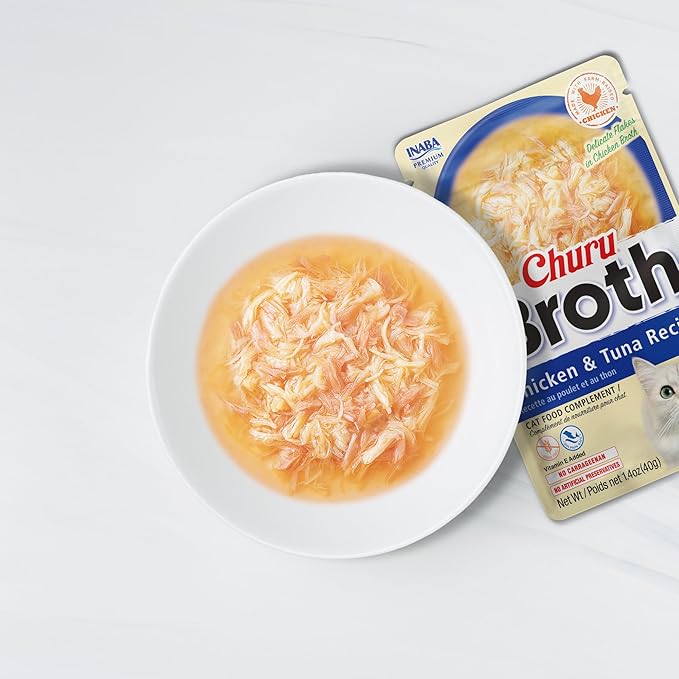INABA Churu Broth for Cats, Side Dish Pouch, 1.4 Ounces per Pouch, 12 Pouches, Chicken with Scallop Recipe