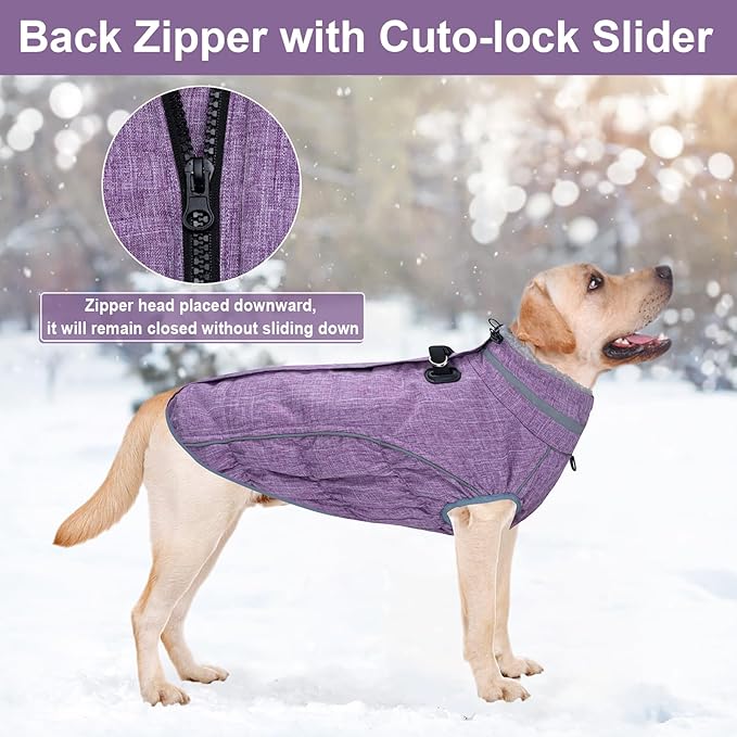 Malier Dog Coat, Reflective Dog Jacket Waterproof Windproof Puppy Cold Weather Coats with Harness Built in, Winter Extra Warm Pet Coat Fleece Vest for Small Large Pets and Puppy (Purple, Large)