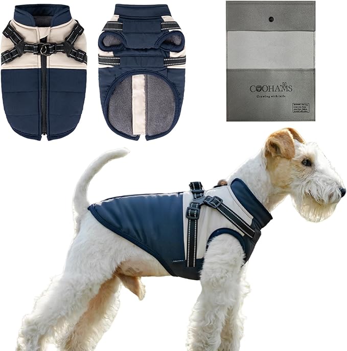 Dog Winter Coat for Small & Medium Dogs (Up to 31lb), Waterproof Dog Coat with Harness, Puppies Windproof Puppy Puffer Jacket, Snowsuit for Dachshund,Frenchie,Corgi (Classic Blue, 2XLarge)