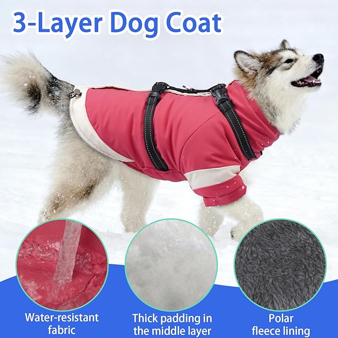 MIGOHI Dog Coat with Harness Built in, 2-in-1 Thermal Water-Resistant Dog Jacket, Windproof Reflective Snowsuit for Extra Large Dogs with High Collar, German Shepherd, Pink, 3XL
