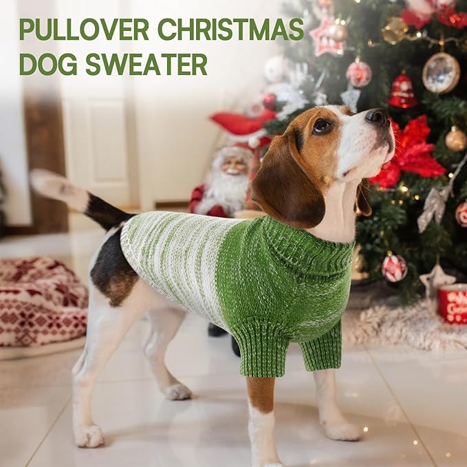 Queenmore Knitted Pullover Dog Sweater,Turtleneck Pet Cat Sweater, Cold Weather Puppy Clothes Stitching Knitwear with Leash Hole for Small Medium Dogs(Green,M)