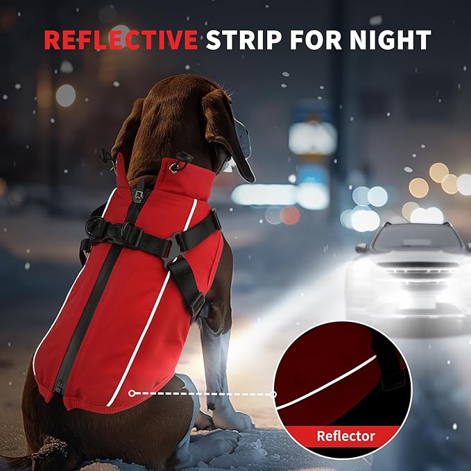 Dog Winter Coat Reflective Water-Resistant Jacket, Fleece Lined Windproof Puppy Coat with Back Zipper & D-Ring, Cold Weather Dog Coats for Small Medium Large Dogs (L, Red)