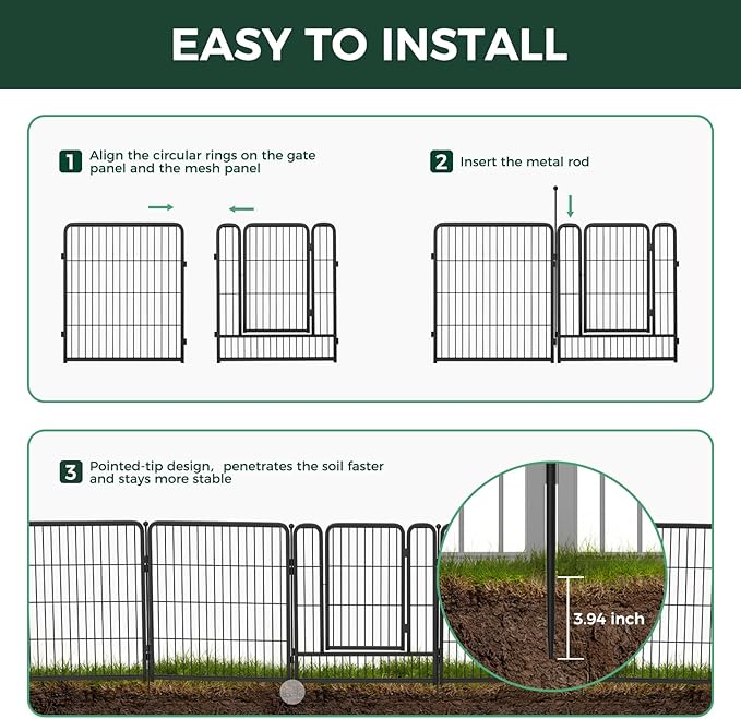 FXW Garden Fence Outdoor for The Yard – 50in(H) x 15.6ft(L) Heavy Duty Metal Animal Barrier for Dog and Rabbit, Decorative Dog Fence, 6 Panels, Black