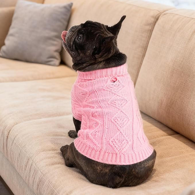 PUPTECK Dog Sweater, Turtleneck Warm Knitted Pullover Coat, Thick Cable Knitwear Clothes in Winter, Pet Apparel Outfits for Large Dogs, for Cold Weather Indoor & Outdoor, Pink L