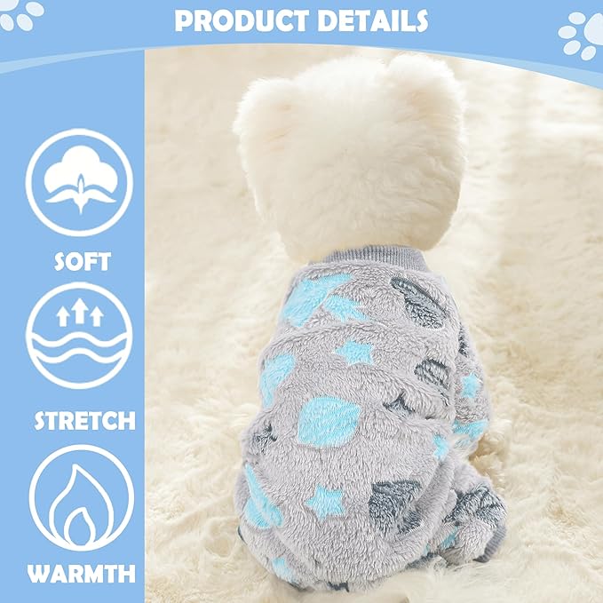 Fleece Pajamas for Small Dogs, Winter Clothes Pjs Cute Extra Small Dog Sweaters Boy Male, 4 Legs Puppy Jumpsuit, Soft Onesies Pet Apparel Outfits for Chihuahua Yorkie Cat, Grey, XXS