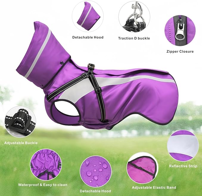 Mosucoirl Dog Raincoat Waterproof Raincoats for Dog Reflective Dogs Rain Jackets with Hood Hoodie Pet Rain Poncho Coat for Small Medium Large Dogs Puppies S-XXL (Purple, S)