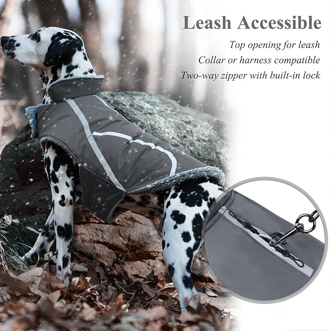 VIVAGLORY Frostfit Dog Coat, Dog Jacket for Winter & Cold Weather, Warm Fluffy Fleece Lined Water Resistant Reflective for Puppy, Coat with Velcro Fastening & Leash Hole, L, Grey