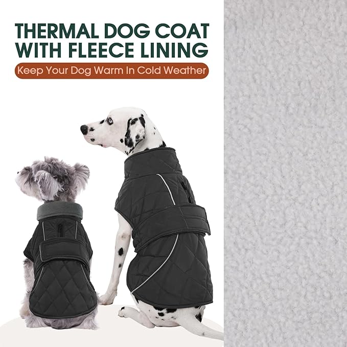 Kuoser Extra Warm Dog Jacket Windproof Cold Weather Coats for Medium Dogs, Fleece Lining Turtleneck Dog Coat Quilted Pet Christmas Winter Snow Suit with Reflective Strips, Dark Grey M