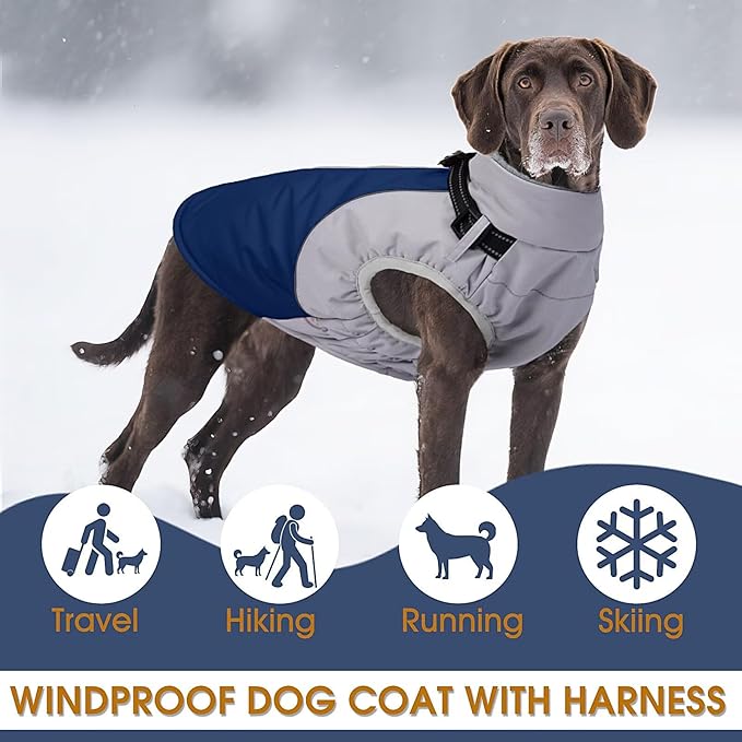 Reflective Dog Coat with Harness Built in,XL Soft Warm Dog Jacket for Cold Weather,Windproof Snowproof Pet Vest for Outdoor Walking Hiking,Adjustable Collar Easy On/Off,Blue,XL