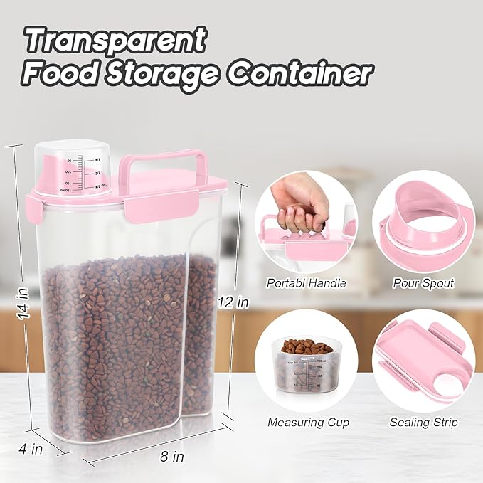3+5Lbs 2Pack Small Cat Dog Food Storage Containers BPA Free, Airtight Pet Food Storage Containers with Large Pour Spout/1 Measuring Cup/ 4 Safety Locks and Double-Layer Silicone Strip (Pink)