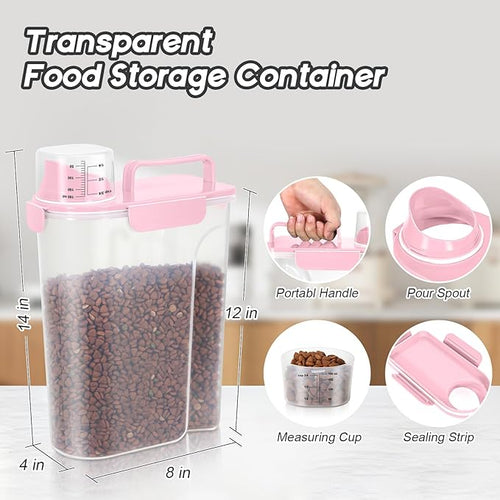 3+5Lbs 2Pack Small Cat Dog Food Storage Containers BPA Free, Airtight Pet Food Storage Containers with Large Pour Spout/1 Measuring Cup/ 4 Safety Locks and Double-Layer Silicone Strip (Pink)