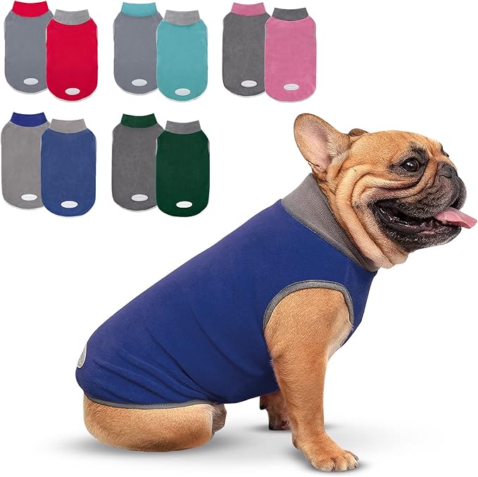 cyeollo 2 Pack Fleece Dog Sweater Stretchy Pullover Soft Dog Jacket with Reflective Stripe Lightweight Sweatshirt Pet Clothes Coats for Small Dogs Grey & Blue