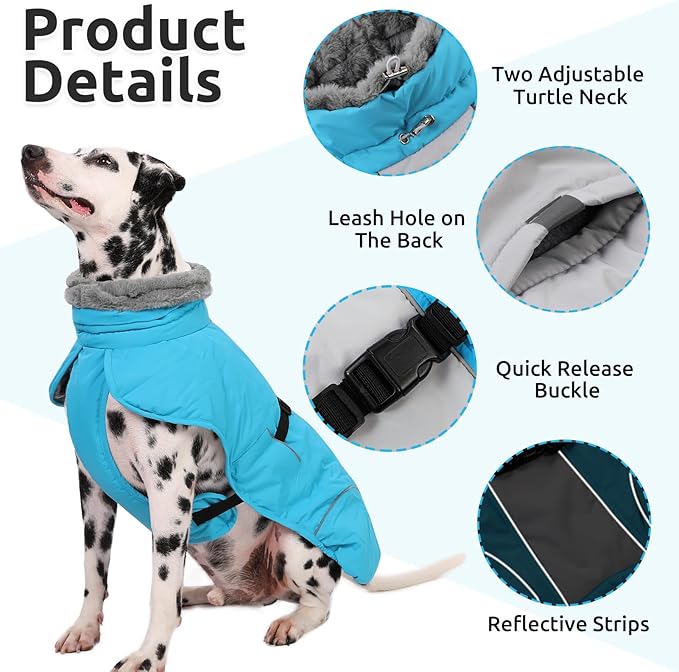 Queenmore Dog Cold Weather Coats, Fleece Collar Dog Apparel for Cold Weather, Pet Snowsuit, Cozy Winter Jackets for Large Breeds with Quick Release, Blue, XXL