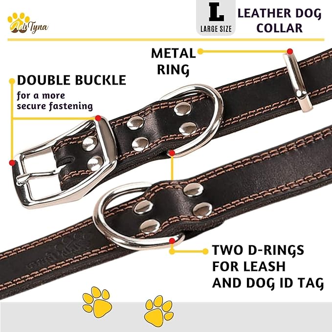 ADITYNA Heavy Duty Leather Dog Collar for Large Dogs - Soft and Strong Black Leather Collar for Walking and Training (Large: Fit 17" - 23" Neck, Black)