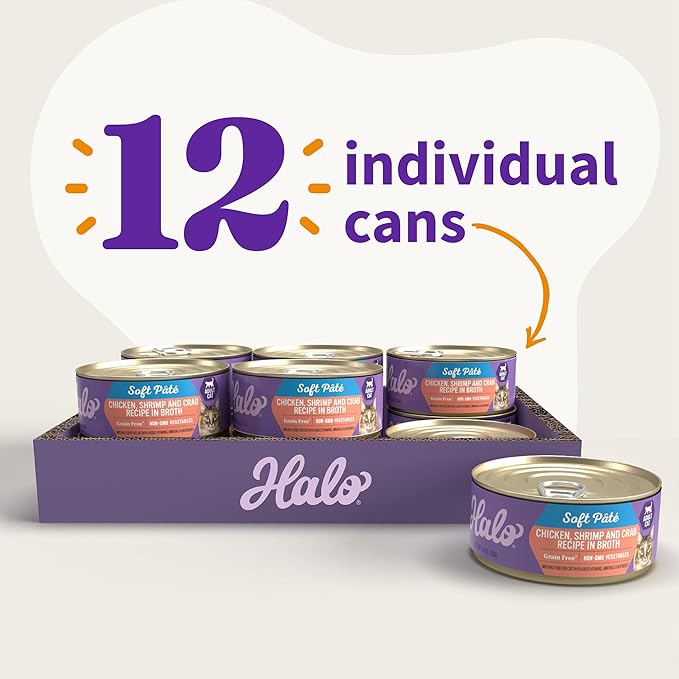Halo Adult Wet Cat Food, Grain Free, Chicken Shrimp & Crab Stew 5.5oz Can (Pack of 12)