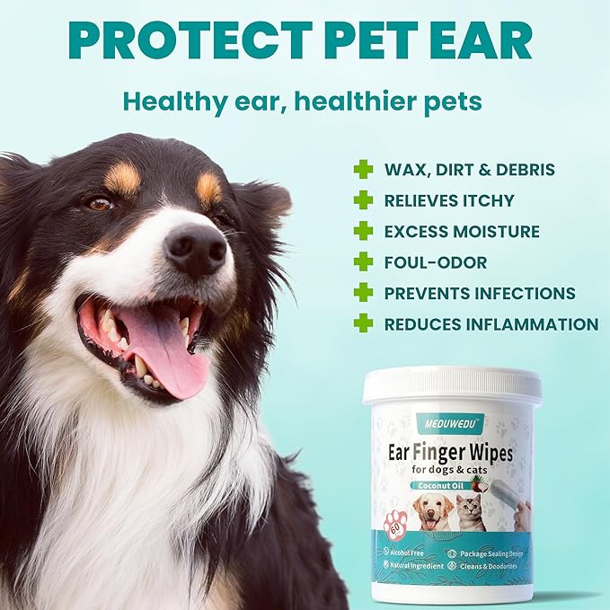 Ear Cleaner Finger Wipes 60 Counts, Dog Ear Cleaner, Grooming Kit Care for Dogs and Cats, Soft & Easy Otic Cleaning Pads, Remove Wax, Dirt & Stop Smelly, Itchy, Non-Irritating, Unscented