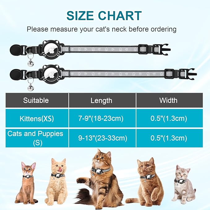 Airtag Cat Collar, Reflective Cat Collar with Apple Air Tag Holder, Breakaway GPS Tracker Pet Collar with Bell for Cat Kitten, Airtag Not Included, Black, S(9-11 Inch)