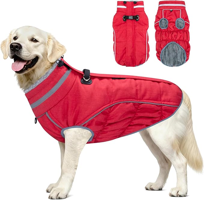 Malier Dog Coat, Reflective Dog Jacket Waterproof Windproof Puppy Cold Weather Coats with Harness Built in, Winter Extra Warm Pet Coat Fleece Vest for Small Large Pets and Puppy (Red, Medium)