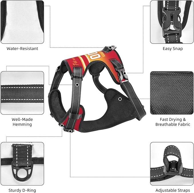 Custom Football Style Dog Harness with Reflective Stripes Personalized Name and Number Dog Vest Harness with Pet Traction Rope for Small Medium Large Dog