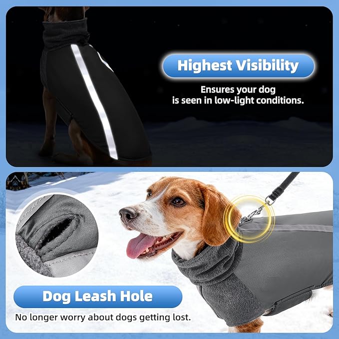 SlowTon Winter Dog Coat, Warm Polar Fleece Lining Doggie Outdoor Jacket with Turtleneck Scarf Reflective Stripe Adjustable Waterproof Windproof Puppy Vest Soft Pet Outfits (L,Grey)