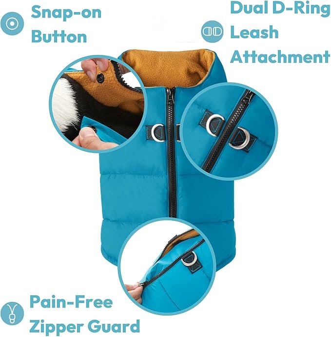 Gooby Padded Vest Dog Jacket - Solid Turquoise, X-Small - Warm Zip Up Vest Fleece Jacket with Dual D Ring Leash Water Resistant for Small to Medium Dogs
