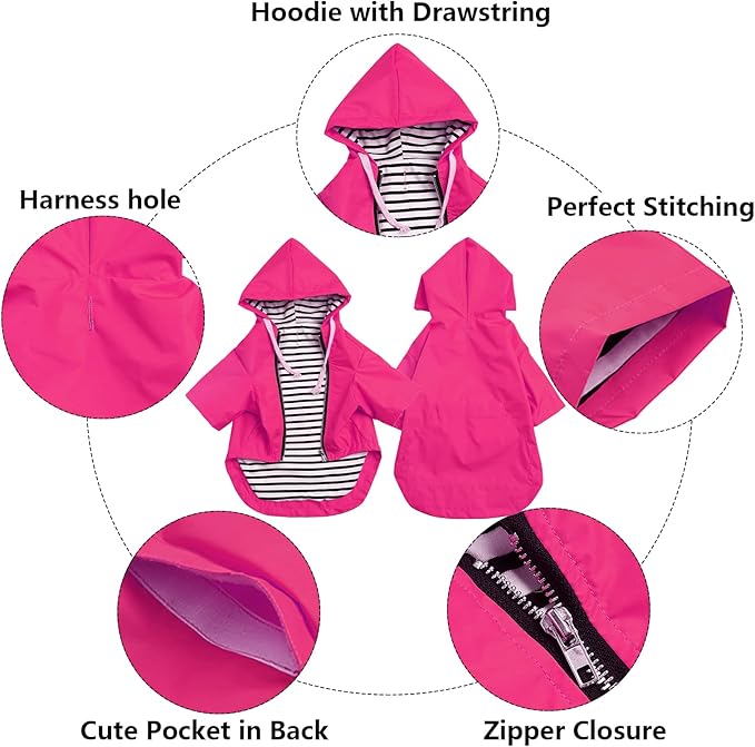 Dog Raincoat rain Jacket Raincoat Dogs Waterproof Small Medium Breeds Zip Closure Storage Pocket Harness Hole Pink S