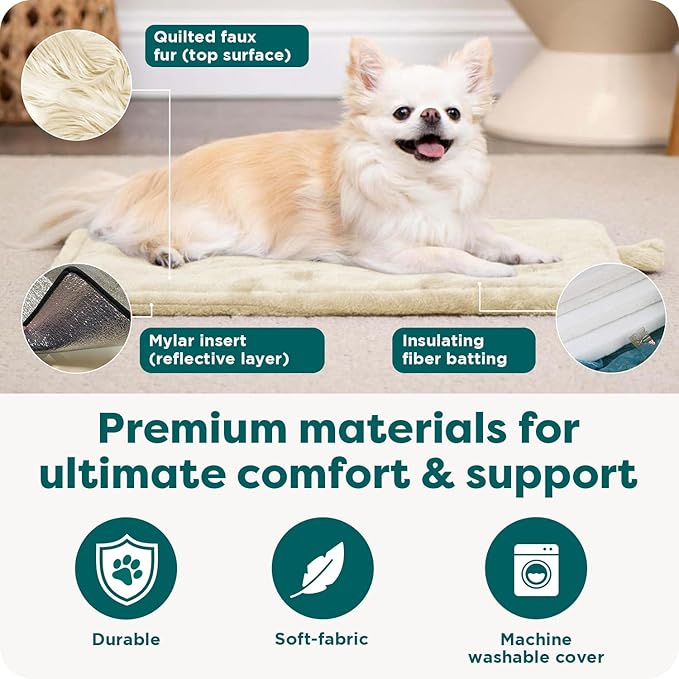 Furhaven ThermaNAP Self-Warming Cat Bed for Indoor Cats & Small Dogs, Washable & Reflects Body Heat - Quilted Faux Fur Reflective Bed Mat - Cream, Small